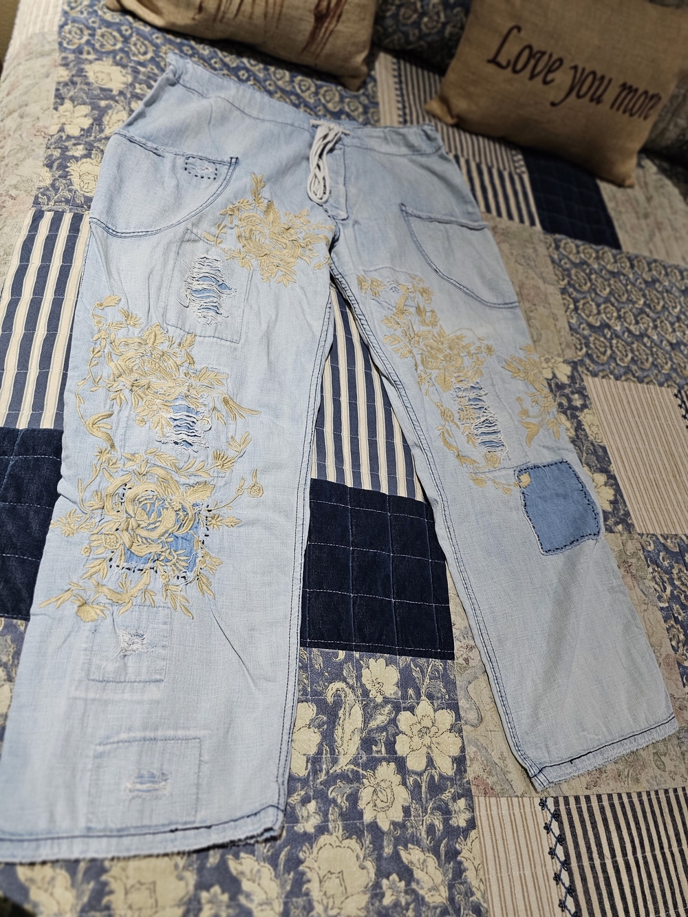 Magnolia Pearl Light Blue Jeans with Tan Floral Embroidery